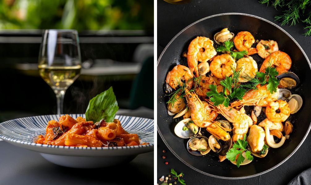 Ein kulinarischer Vergleich für deine Urlaubsentscheidung: Links ein Teller mit dampfender italienischer Pasta in Tomatensauce mit frischem Basilikum und einem Glas Weißwein, rechts eine Pfanne mit fangfrischen Meeresfrüchten wie Garnelen und Muscheln aus der kroatischen Adria. Finde heraus, welches Urlaubsland am Meer am besten zu dir passt. Deinen nächsten Urlaub in Italien oder Kroatien buchst du ganz entspannt mit flexibler Eigenanreise oder als Pauschalreise mit Flug samt unserer verlässlichen Bestpreisgarantie direkt online bei der Restplatzbörse.