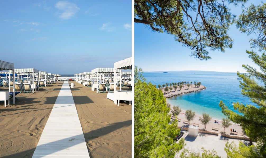 Ein direkter Vergleich für deine Reiseentscheidung: Links ein klassischer Sandstrand in Italien mit ordentlichen Reihen aus hell gestreiften Sonnendächern und weißem Holzsteg, rechts ein idyllischer Kiesstrand in Kroatien umgeben von grünen Pinien am glasklaren Meer. Finde heraus, welches Urlaubsland am Meer am besten zu dir passt. Deinen nächsten Italien oder Kroatien Urlaub buchst du ganz entspannt mit flexibler Eigenanreise oder mit Flug samt unserer verlässlichen Bestpreisgarantie online bei der Restplatzbörse.